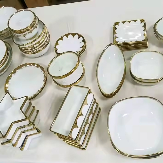 Gold-Trimmed White Ceramic Plate Set